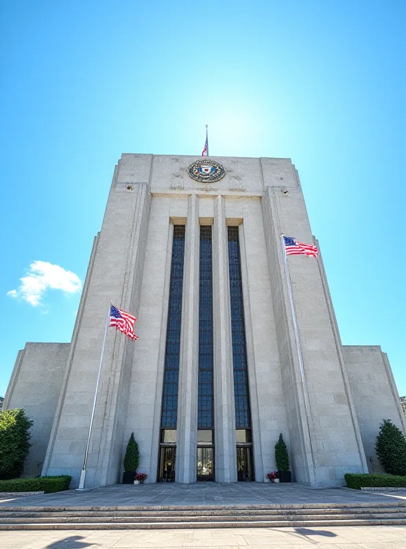 Exterior shot of the J. Edgar Hoover Building in Washington D.C., the FBI headquarters, on a sunny day.