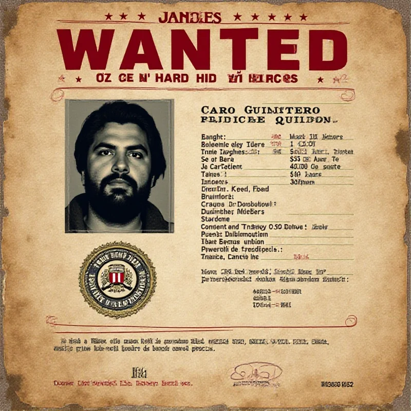 A wanted poster for Caro Quintero, featuring a photograph of him and details about his crimes and the reward offered for his capture.