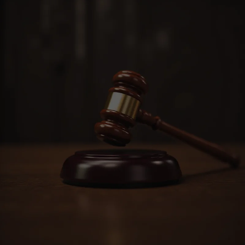 Close-up photo of a gavel hitting a sounding block in a courtroom setting.