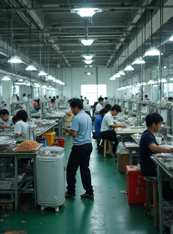 A bustling Cambodian factory with Chinese workers, showcasing the relocation of manufacturing.