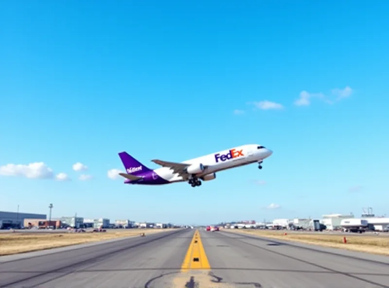 Exterior of a FedEx airplane on a runway at an airport, with the FedEx logo prominently displayed. The sky is partly cloudy, and other airport vehicles and buildings are visible in the background.