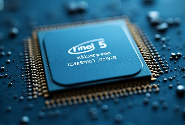 A close-up shot of an Intel processor chip, showcasing its intricate circuitry and design. The Intel logo is clearly visible, and the chip is resting on a dark, non-reflective surface.