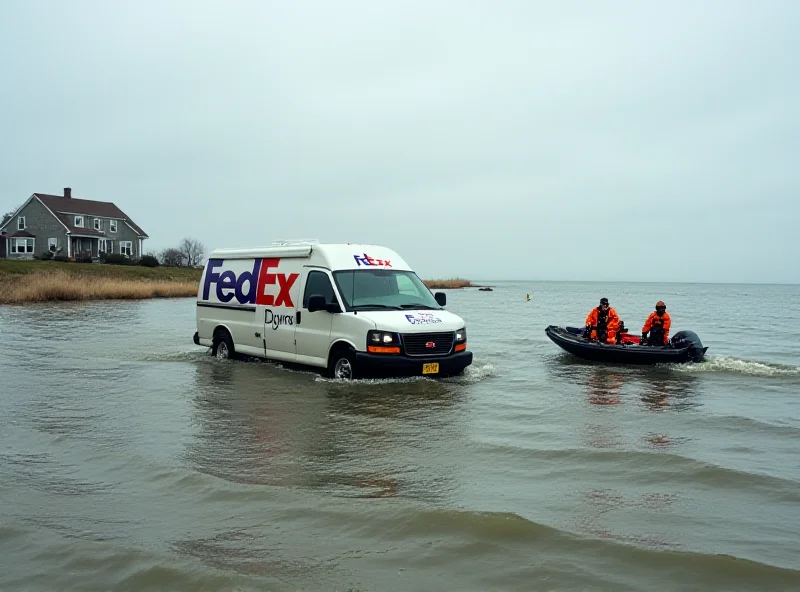 A FedEx delivery van partially submerged in water with first responders approaching in a boat.