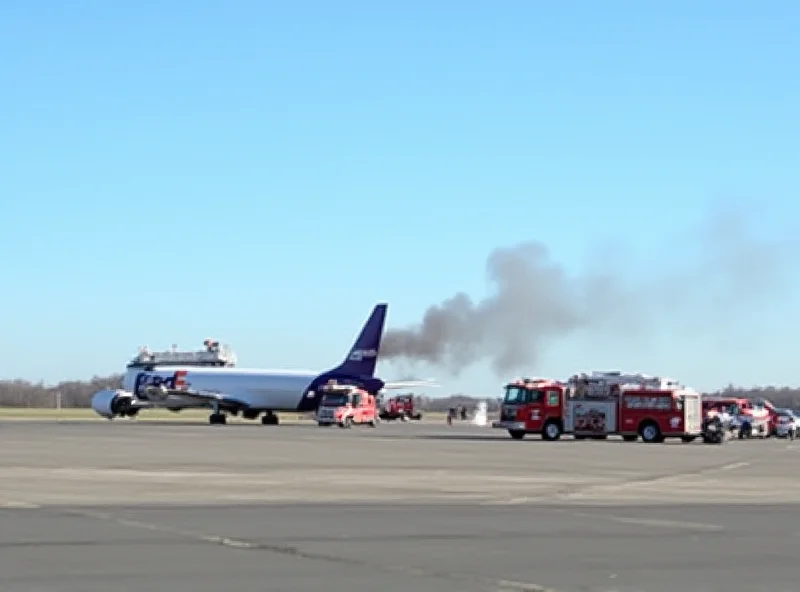 A FedEx plane on a runway with emergency vehicles surrounding it, smoke emanating from one of the engines.