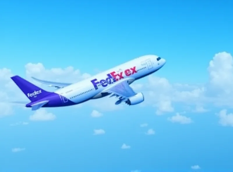 An aerial view of a FedEx cargo plane in flight, with blue sky and white clouds in the background. Focus on the plane's wing and engine.