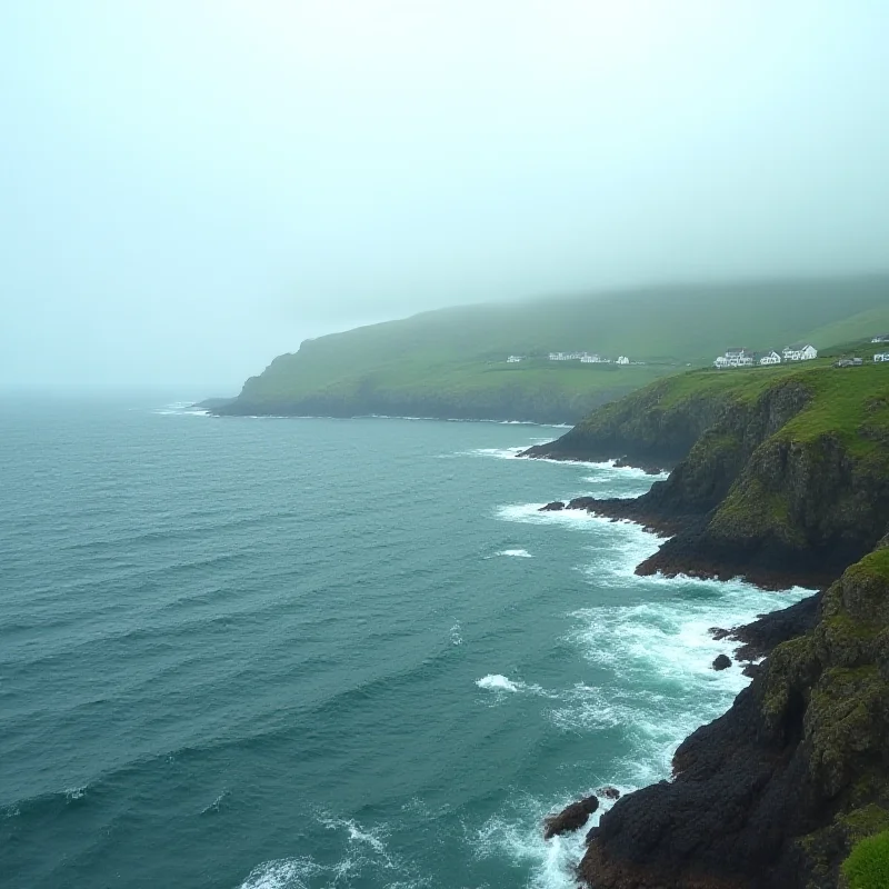 A somber scene depicting the Irish coastline as viewed from a ferry.