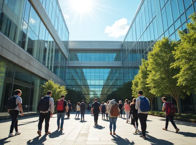 A modern university building with glass facade and students walking in front.