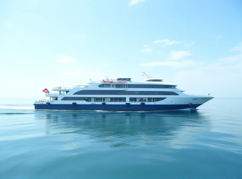 A modern ferry boat sailing on a calm sea under a cloudy sky