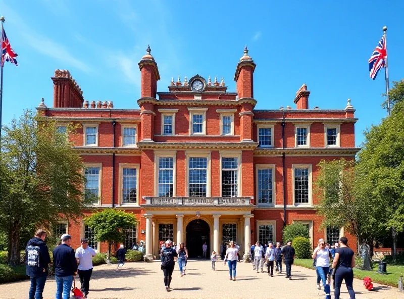 Exterior view of St. James's Palace in London, with a clear blue sky and tourists milling around the entrance