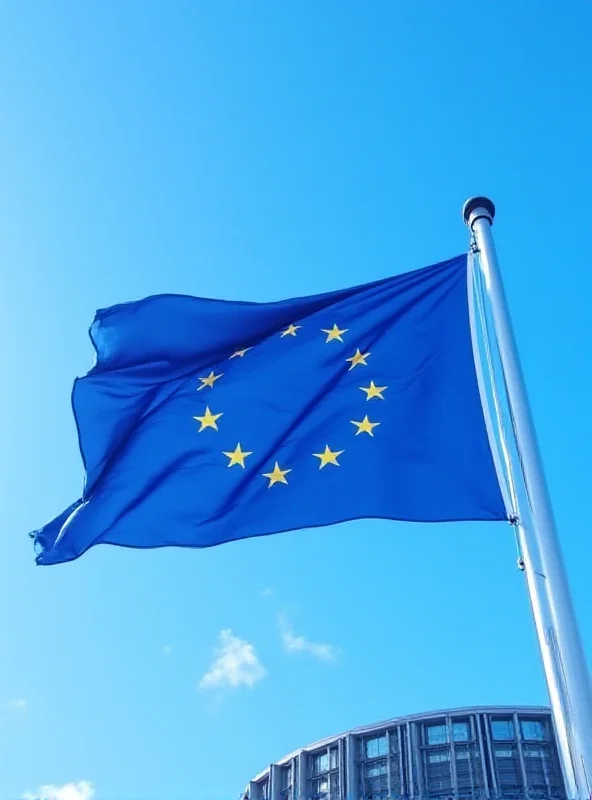 European Union flag waving in front of the European Parliament building.