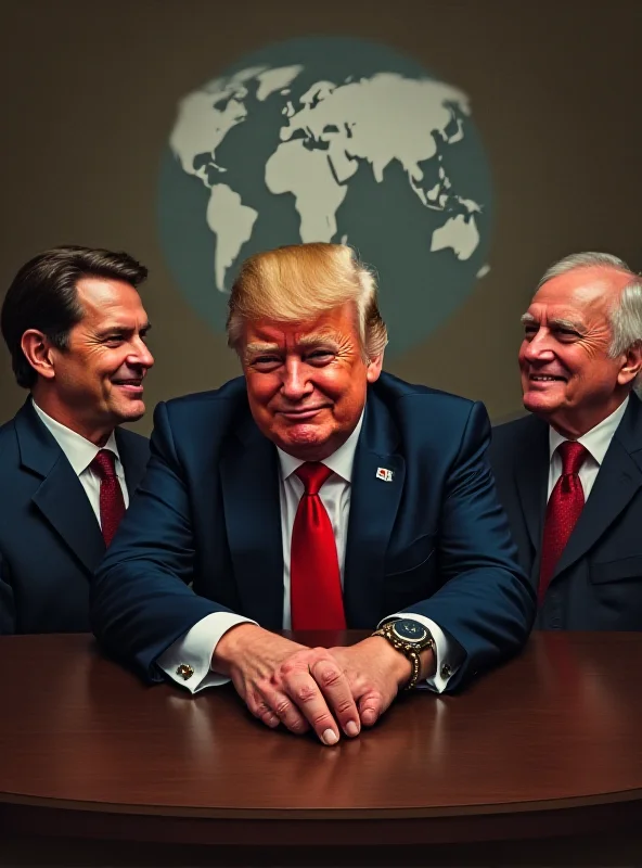 Digital painting of Robert Fico, Viktor Orban, and Donald Trump sitting at a table, looking smug, with a globe in the background.