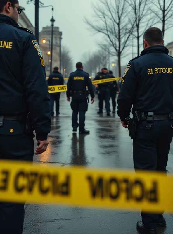 Police officers securing a crime scene with yellow tape.