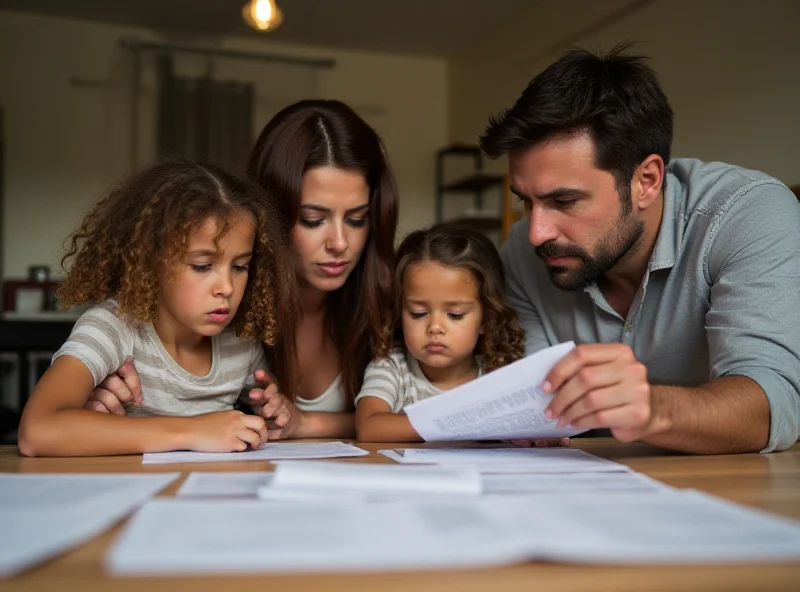 A family with young children looking concerned about their finances.