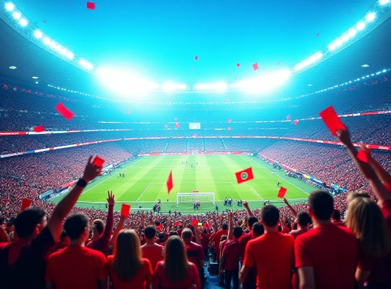 Illustration of a packed stadium with cheering fans and a large screen displaying '2030 World Cup'