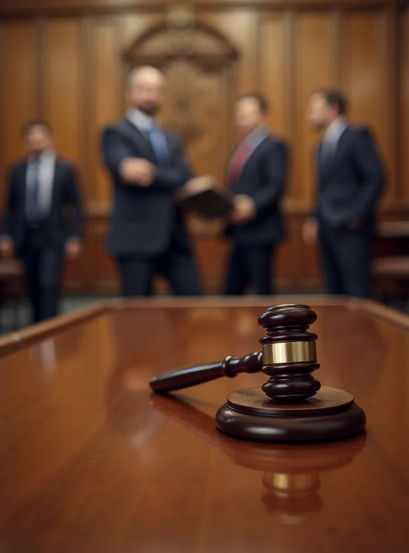 A gavel resting on a table in a courtroom, with blurred figures of lawyers and defendants in the background.