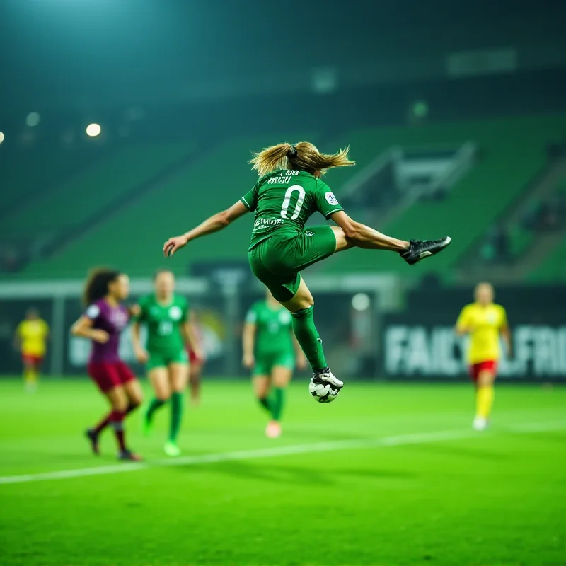 A dynamic action shot of a female soccer player executing a backheel volley, with the ball flying towards the goal, and other players in the background.