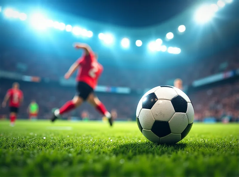 Close-up shot of a soccer ball flying through the air, illuminated by stadium lights, with the blurred background of a cheering crowd.