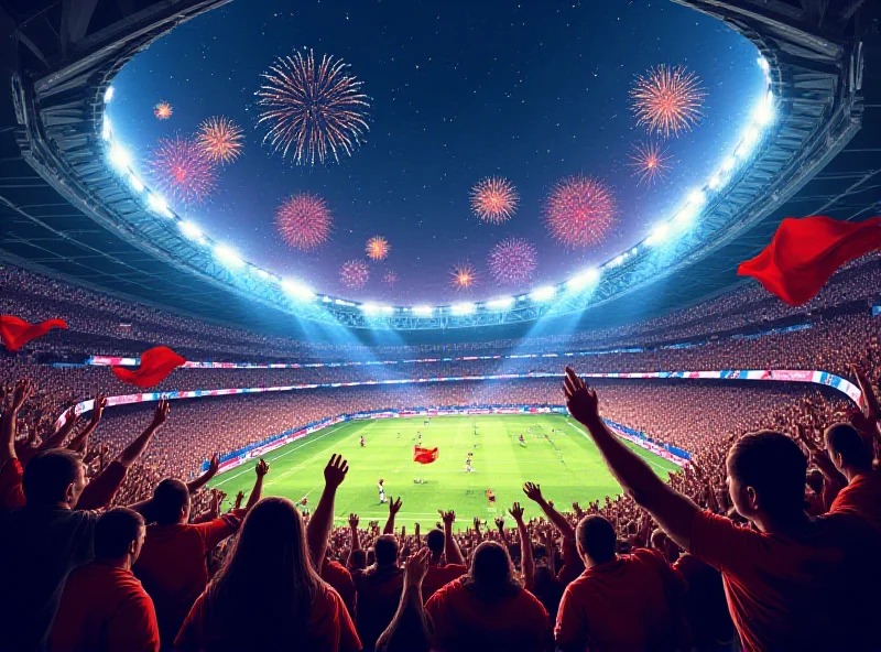 Illustration of a packed soccer stadium with fans cheering and fireworks exploding in the sky.