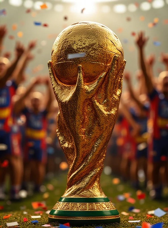 Close-up of a golden trophy with the FIFA logo engraved on it, surrounded by cheering players and confetti.