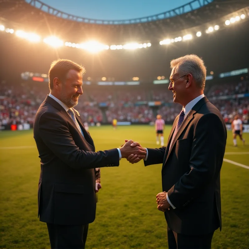 Gianni Infantino smiling and shaking hands with a soccer player in front of a stadium with the American flag waving in the background.