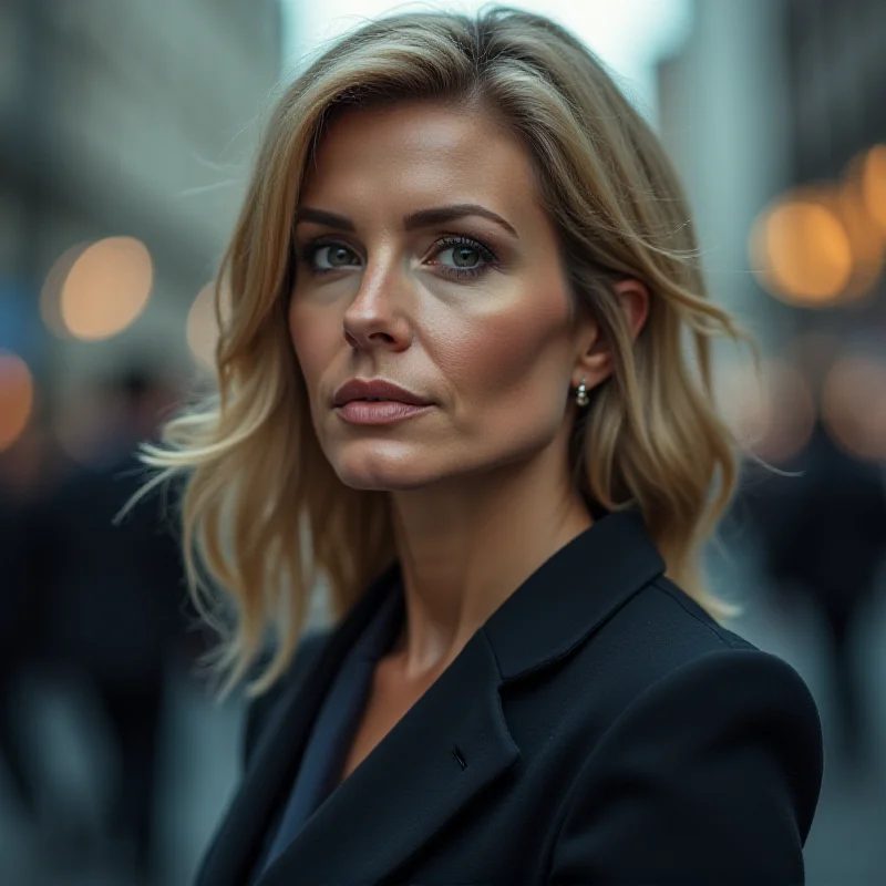 A close-up of a woman in a business suit, with a confident and thoughtful expression, representing the 'quiet queen' of finance.