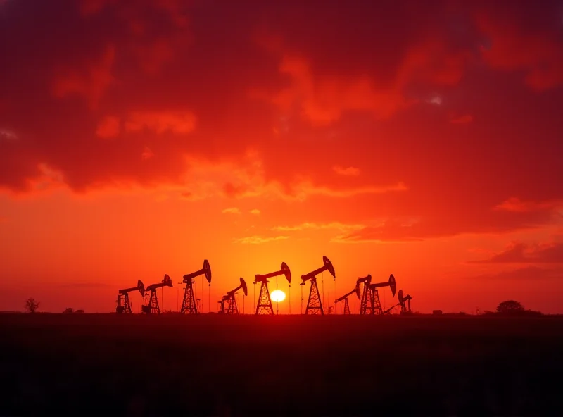 Oil derricks silhouetted against a fiery sunset sky.