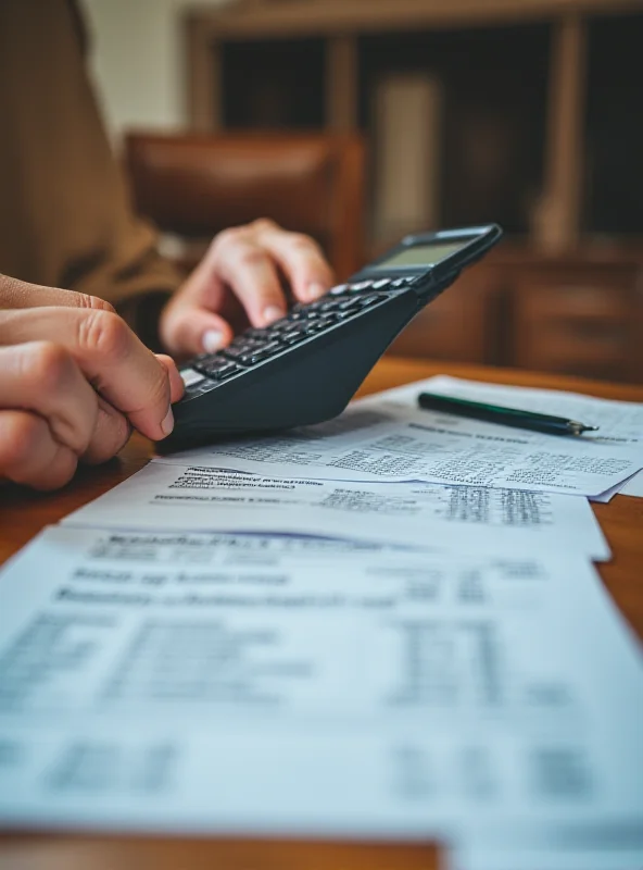 Close-up of hands holding a calculator, with financial documents spread out on a table.