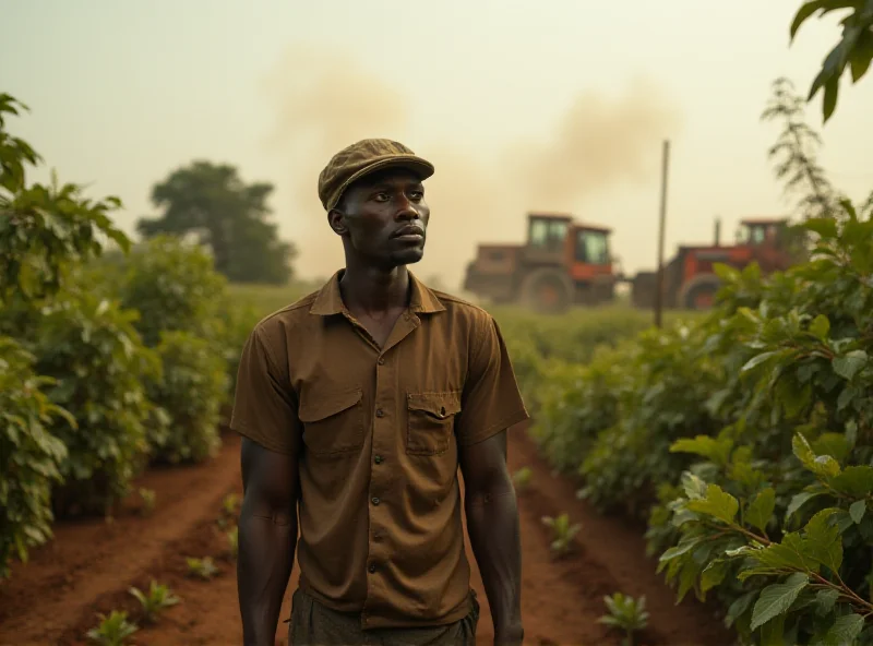 Cocoa farmer in Ghana looking at a gold mine with a sad expression