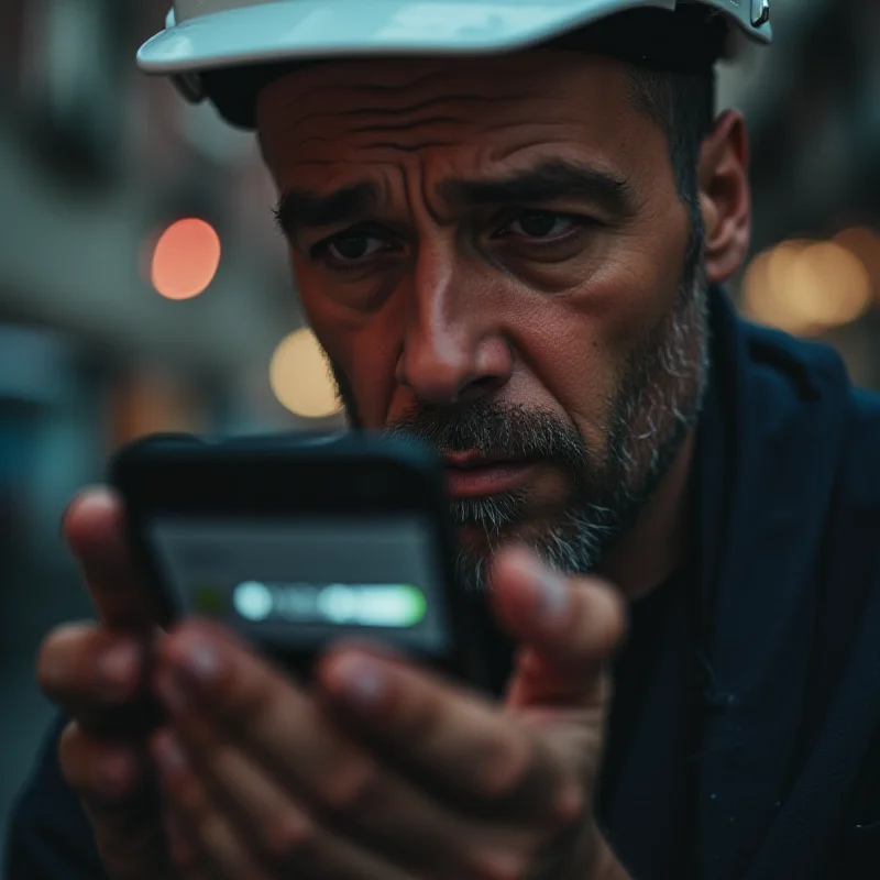 Frustrated Brazilian worker looking at a mobile phone showing an error message on the FGTS app