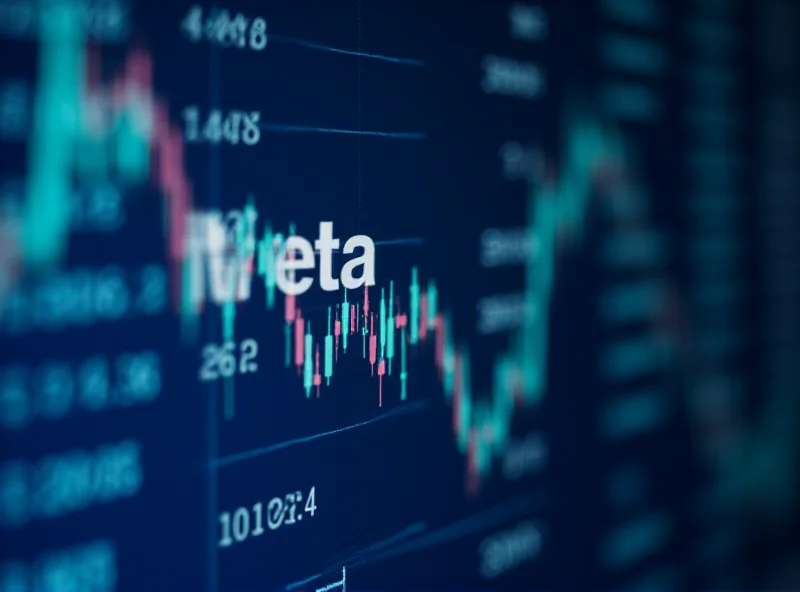 A close-up of a stock ticker displaying META, the ticker symbol for Meta Platforms Inc., with fluctuating numbers and graphs in the background, symbolizing stock market activity.