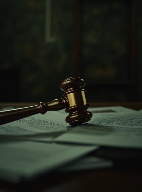 A gavel resting on a stack of legal documents in a courtroom setting.