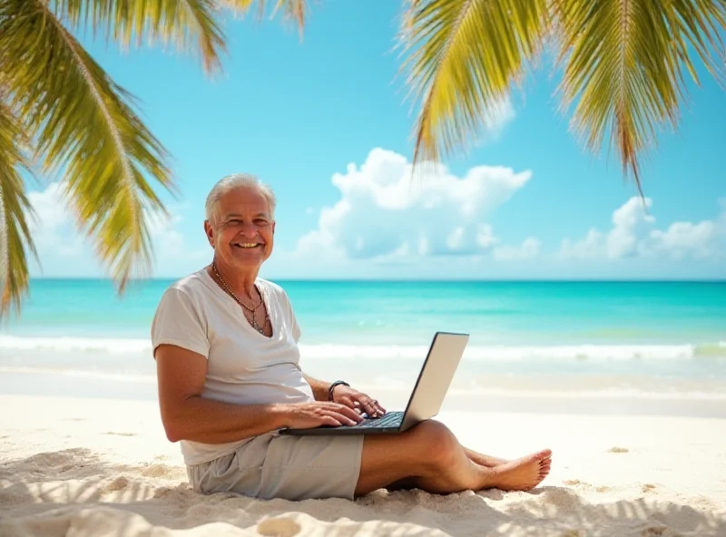 A person sitting on a beach, laptop open, enjoying early retirement.