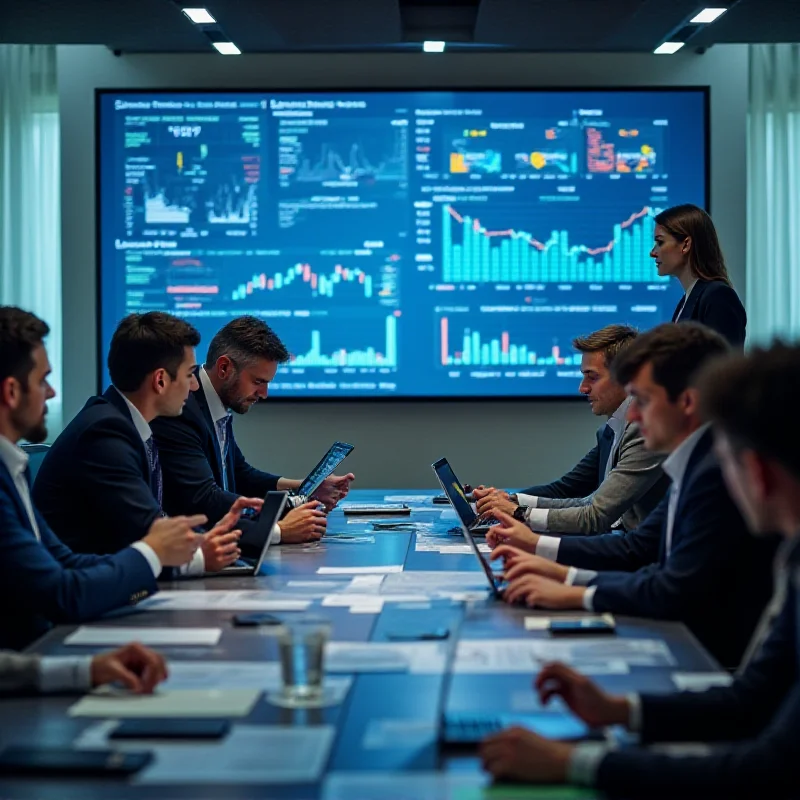 A diverse group of people discussing financial charts and data in a modern office.