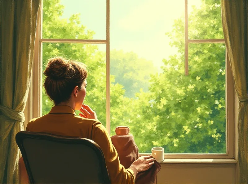 A person sitting in a comfortable chair, looking thoughtfully out a window at a lush green landscape. Sunlight streams into the room, creating a sense of hope and peace. The person is holding a warm beverage, suggesting a moment of quiet contemplation. The overall mood is calm, reflective, and optimistic.