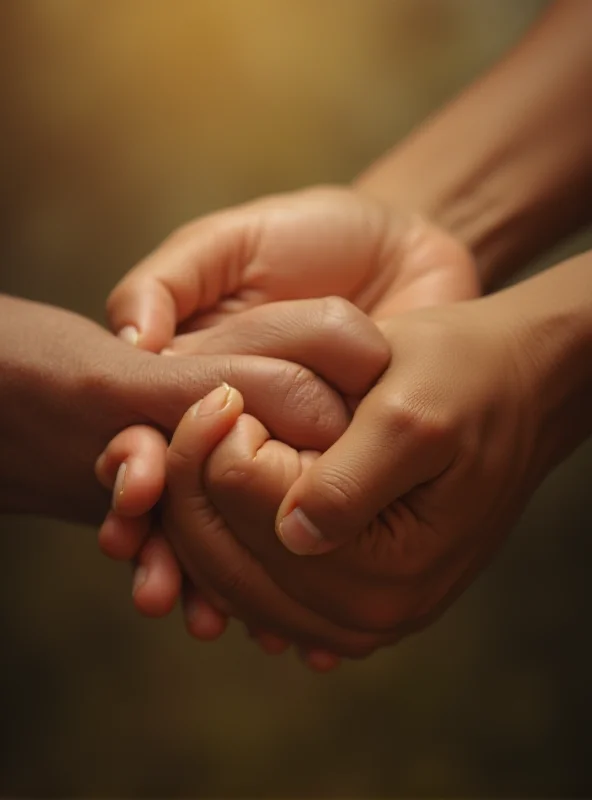 A close-up shot of two hands gently clasped together. The hands are of different ages, suggesting a connection between generations. The background is blurred, emphasizing the intimacy and support conveyed by the gesture. The lighting is soft and warm, creating a sense of comfort and reassurance. The overall image evokes feelings of empathy, understanding, and shared strength.