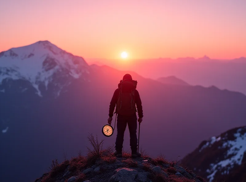 Person standing on a mountain peak looking at a compass with a sunrise in the background