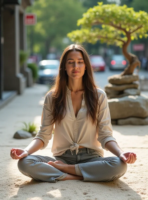 A person meditating calmly in a zen garden with blurred background of city distractions.