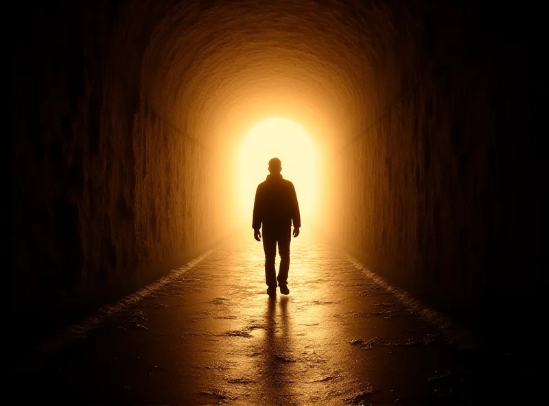 A person walking on a path towards a bright light at the end of a tunnel, symbolizing focus and purpose