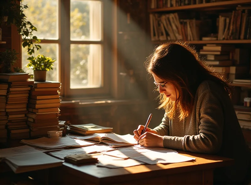 A person sitting at a desk surrounded by books, writing in a notebook, illuminated by warm sunlight.