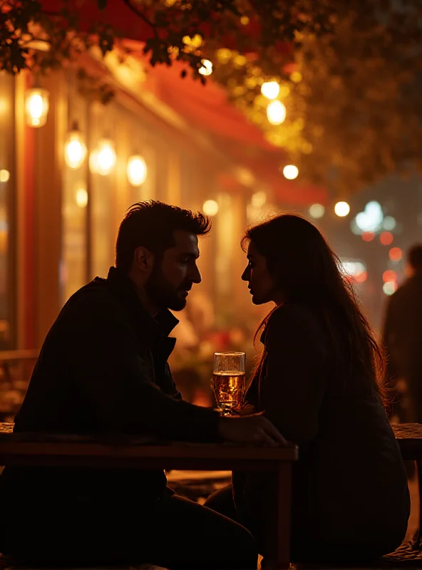 A couple sitting at a sidewalk cafe at night, bathed in warm, golden light.