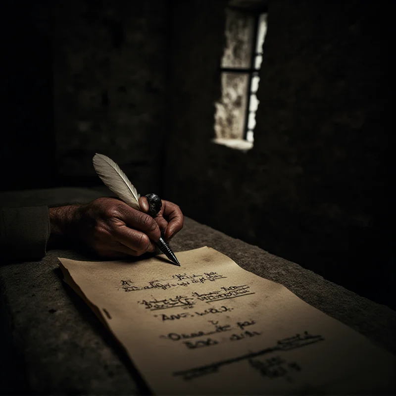 A weathered hand holding a pen, writing on old parchment in a dimly lit prison cell.