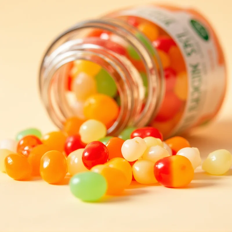 A close-up shot of a colorful assortment of YumEarth Organic Jelly Beans, showcasing their vibrant colors and appealing texture, arranged in a visually pleasing pattern.