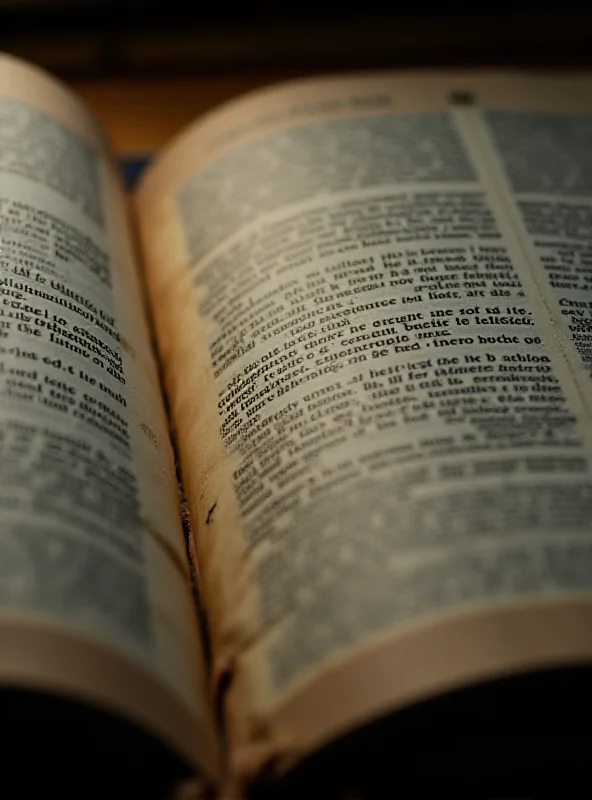 A close-up shot of a worn-out Bible, open to a well-read passage. The light is focused on the pages, highlighting the texture of the paper and the printed words. A sense of history and reverence is conveyed.