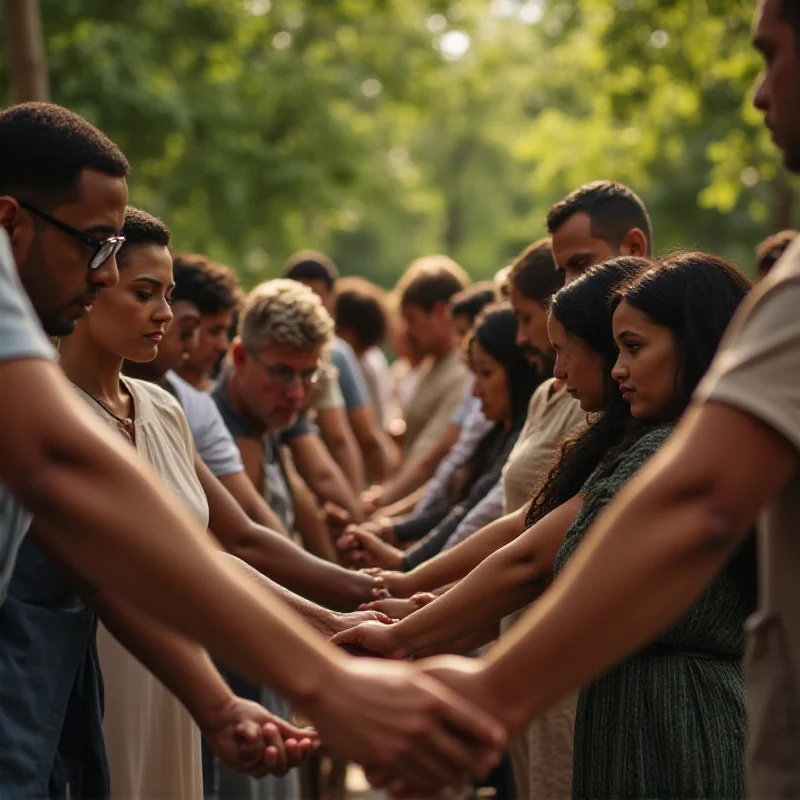 A diverse group of people holding hands in a circle, heads bowed in prayer. The setting is outdoors, possibly a park or garden, with trees and greenery in the background. The atmosphere is one of unity, peace, and shared faith.