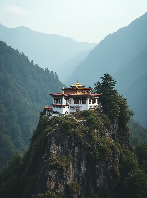 A serene image of a Buddhist temple with prayer flags blowing in the wind, contrasting with a small image of Donald Trump in the corner.