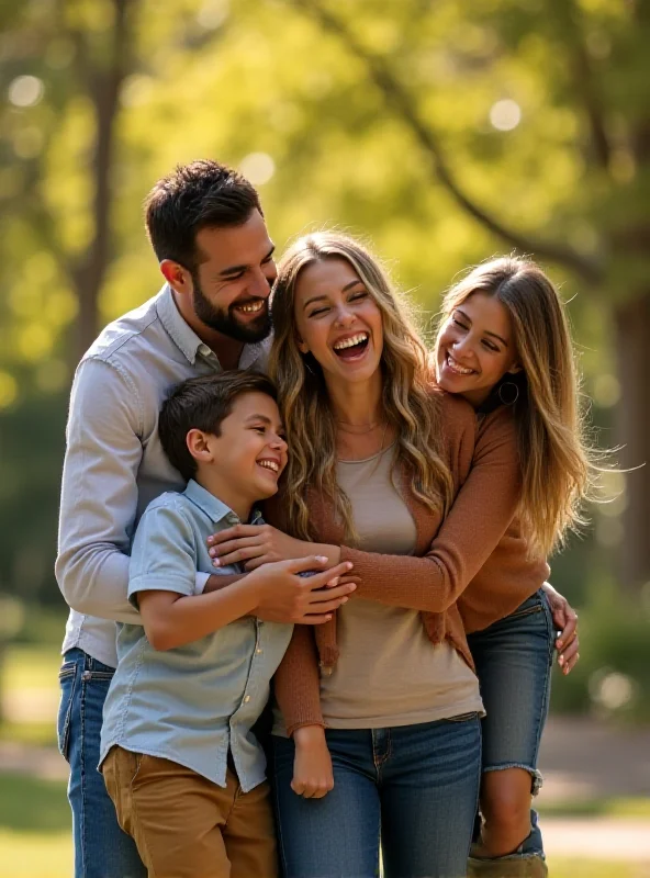 A diverse family laughing and embracing in a park setting, representing connection and support.