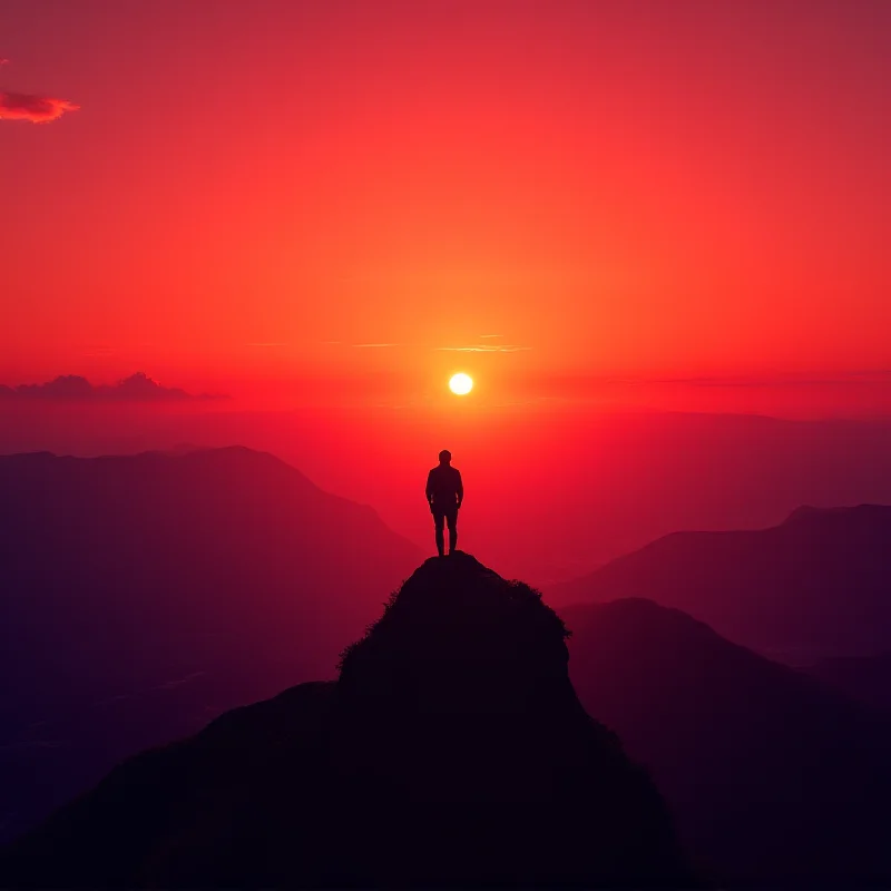 A person standing on a mountaintop, looking out at a vast landscape, symbolizing achieving goals and finding direction in life.