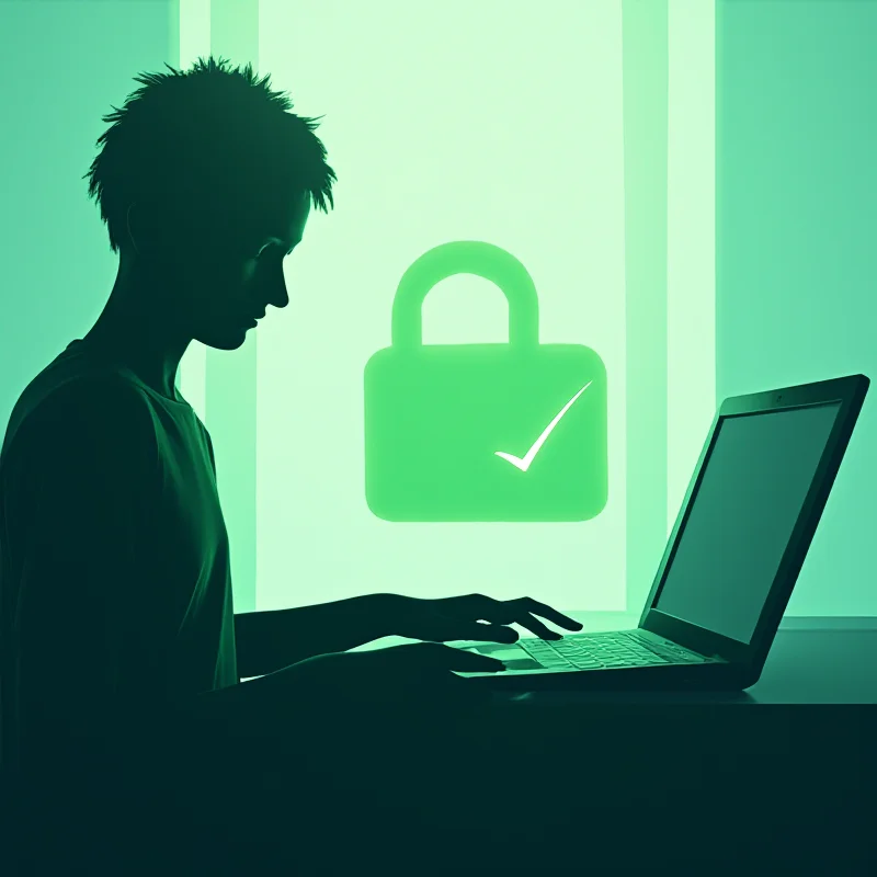 A stylized depiction of a person using a laptop with a padlock icon displayed prominently, representing online security.