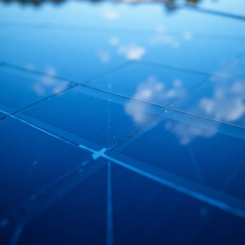 Close up of a single solar panel reflecting the sky