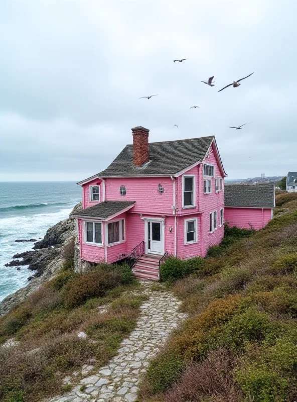 Exterior of a pink house on a coastline with ocean waves in the background.